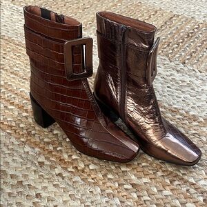 Jeffrey Campbell Croc-Embossed Brown and Metallic Bronze Ankle Boots